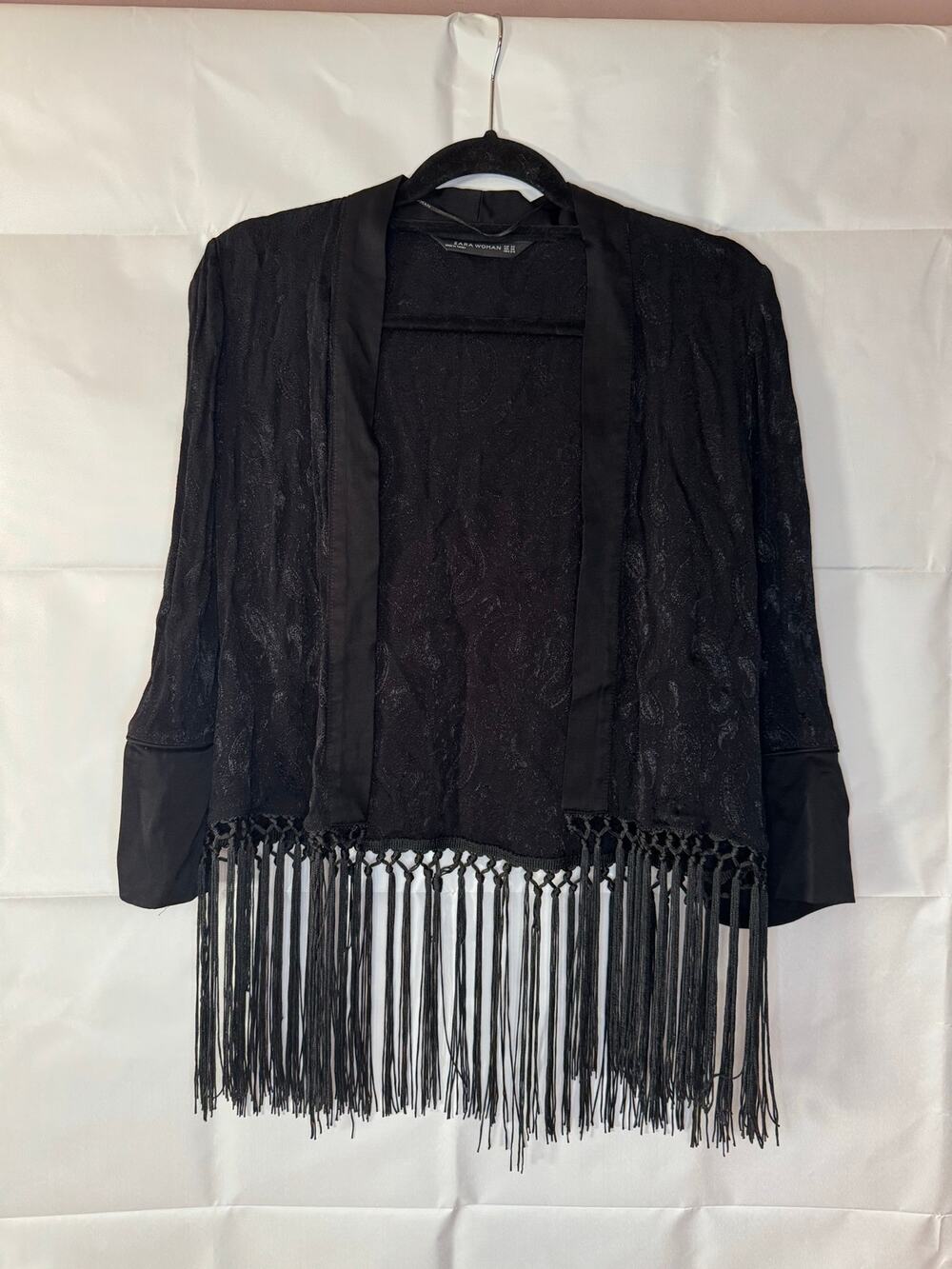 Zara Womens XS Black Paisley Western Fringe Cropped Cardigan